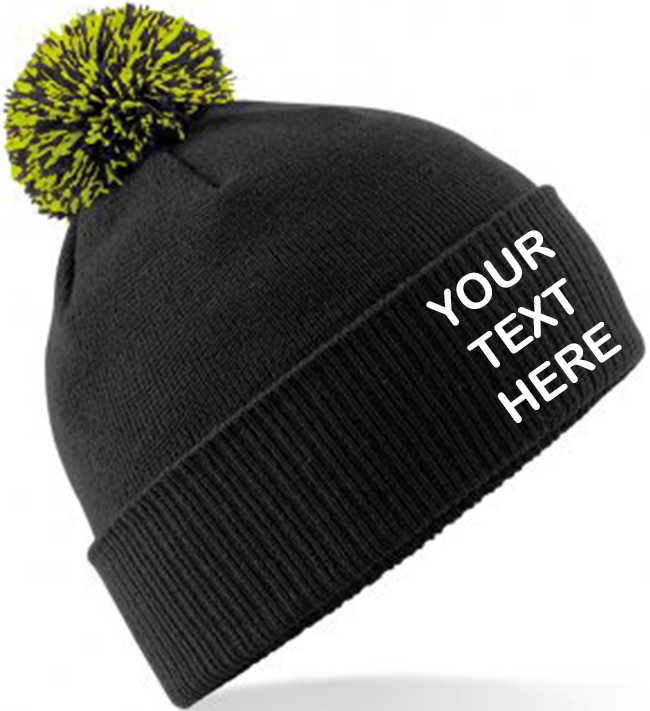 Personalised Black/Lime Green Contrast PomPom Beanie