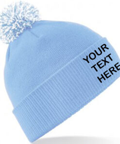 Personalised Sky Blue/White Contrast PomPom Beanie